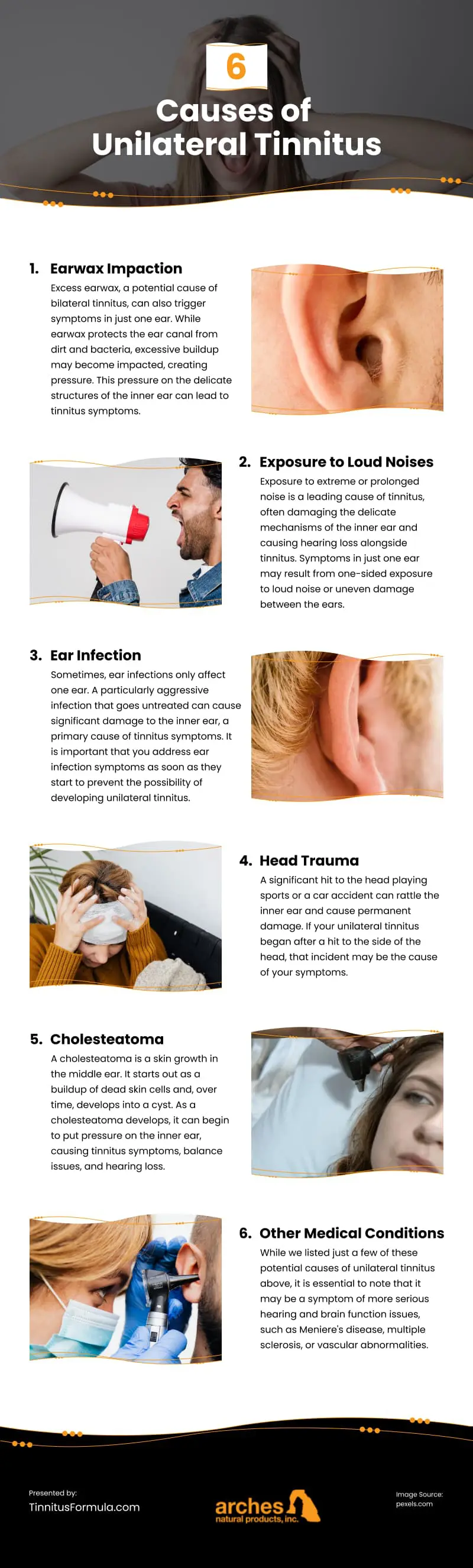 6 Causes of Unilateral Tinnitus Infographic