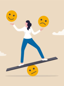 illustration of women on balancing plank with happy face emojis as balance ball