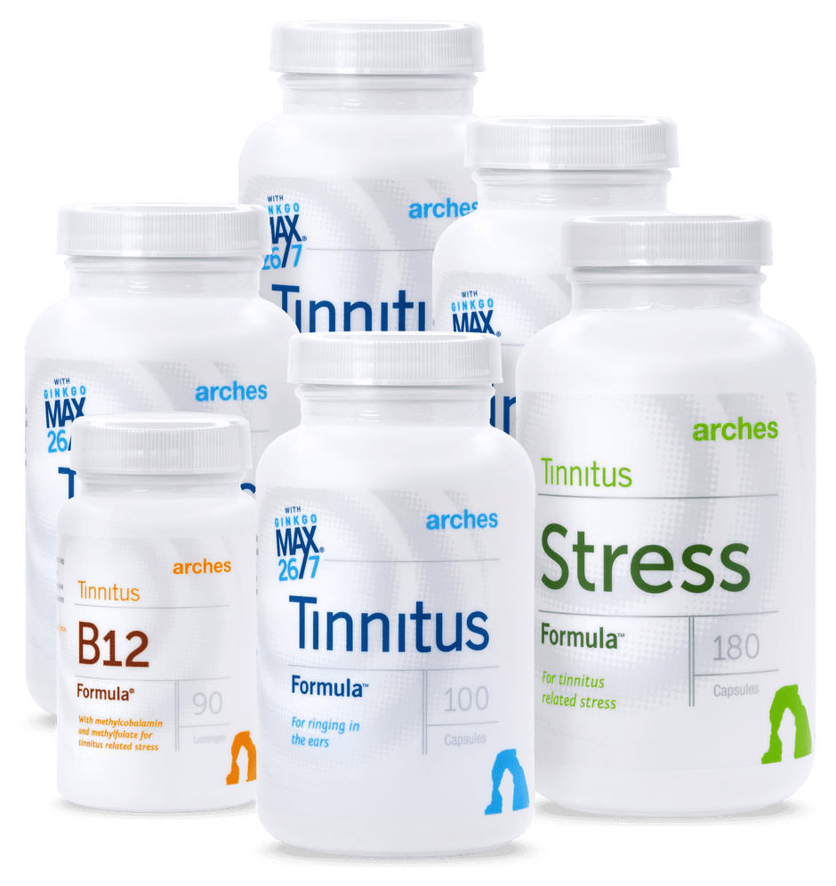 Ginkgo Biloba vs. Hearing Aids for Tinnitus Arches Tinnitus Combo Pack: 90 days of Tinnitus Formula, Stress Formula and B12 Formula.